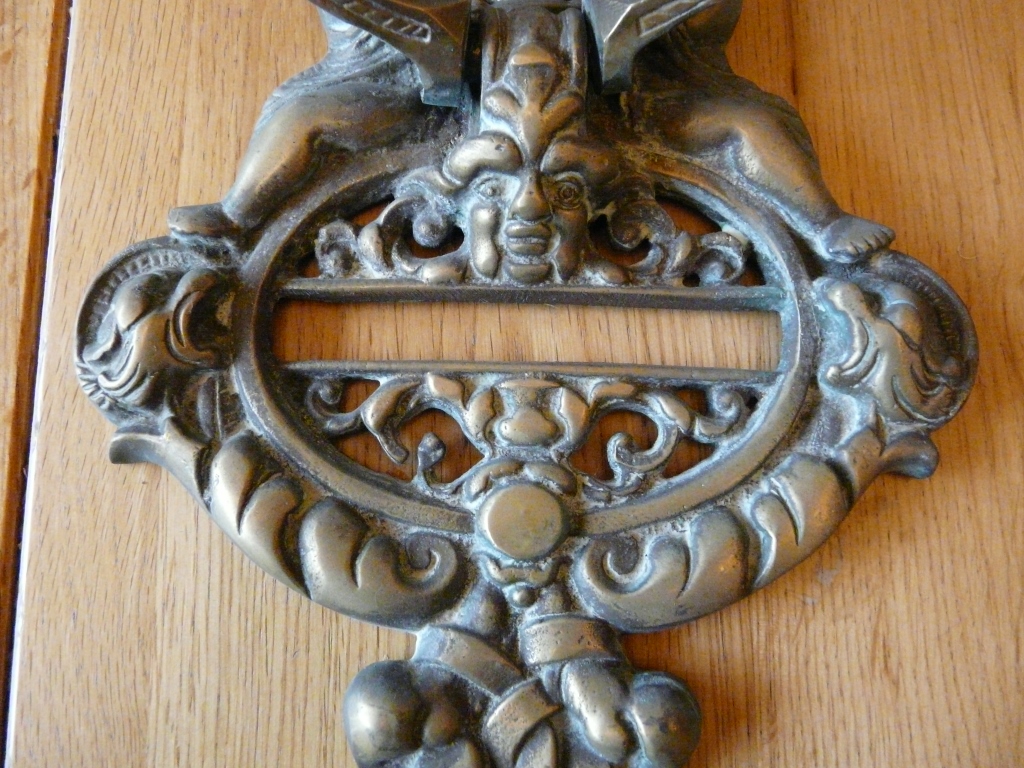 D002L1215Large Victorian Brass Cherub Door Knocker Antique Door